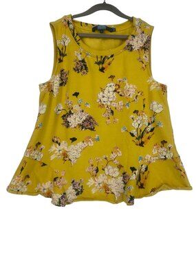 Eva Franco Mustard Yellow Floral Cotton Top Small Peplum Flounce Hem